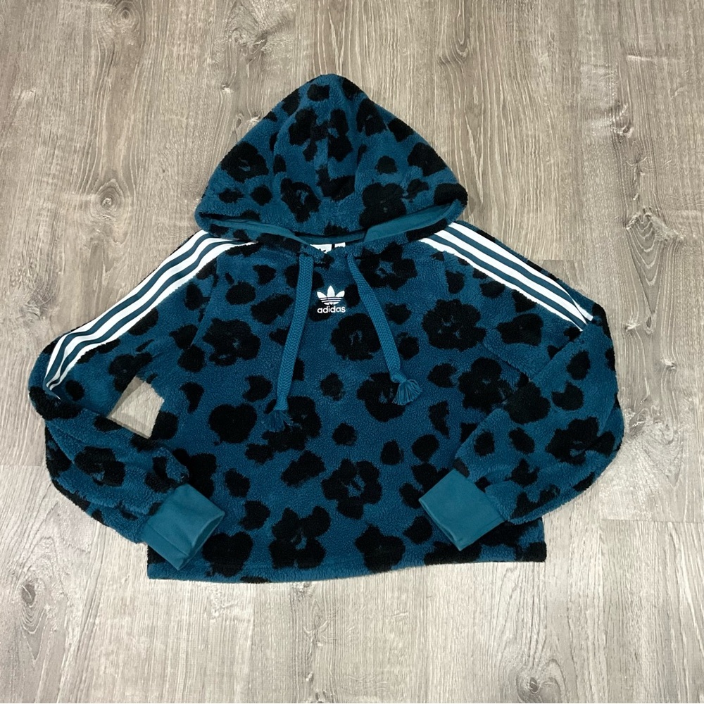 Adidas Sherpa Teal and Black Patterned Hoodie Women’s size Small
